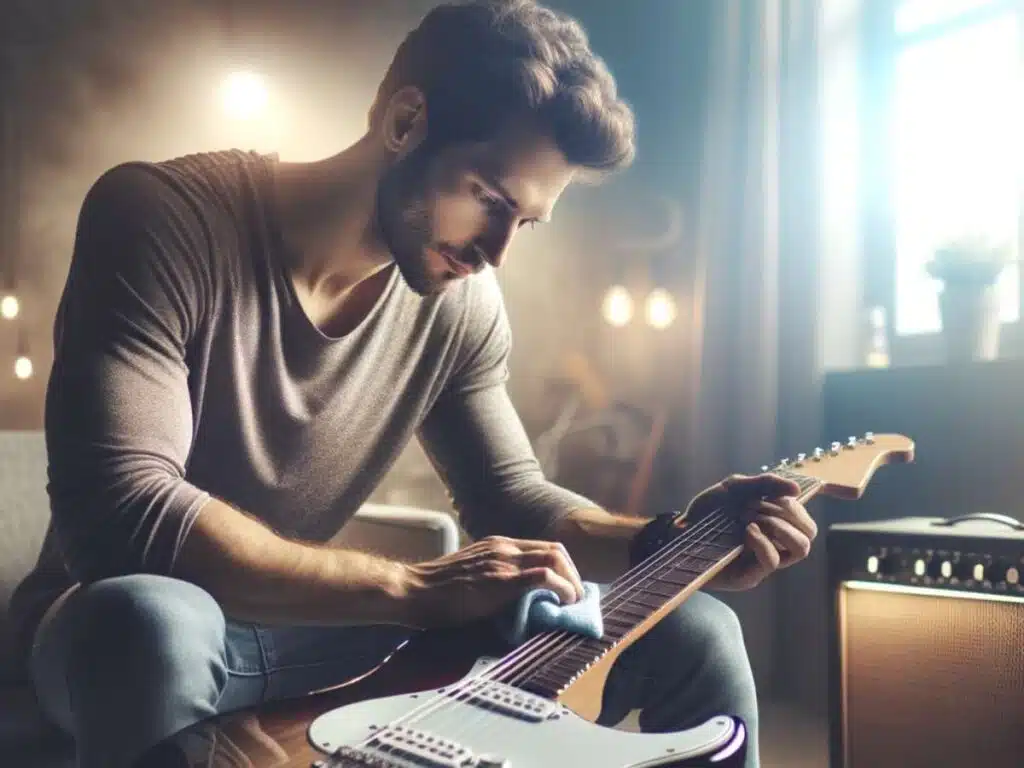 mezczyzna czyszczacy gitare elektryczna