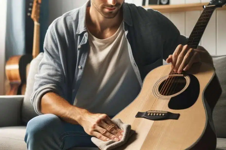 jak dbać o gitarę mezczyzna czyszczacy gitare akustyczna