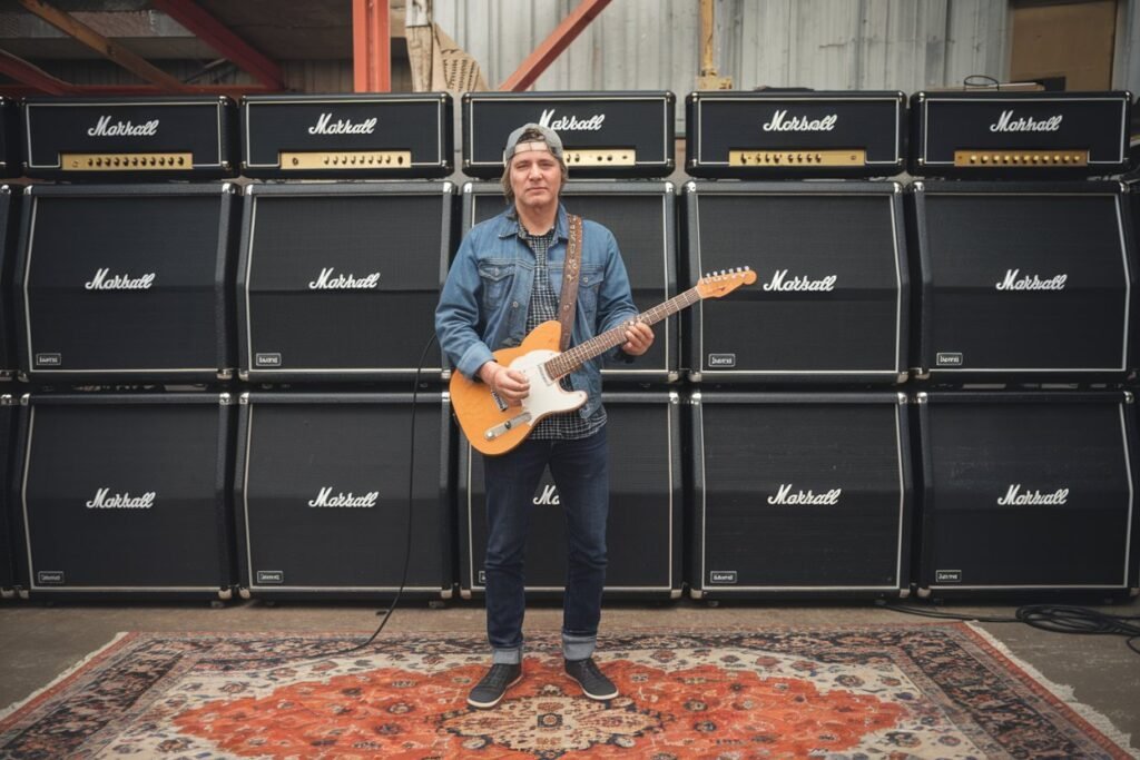 guitarist in front of marshall amps