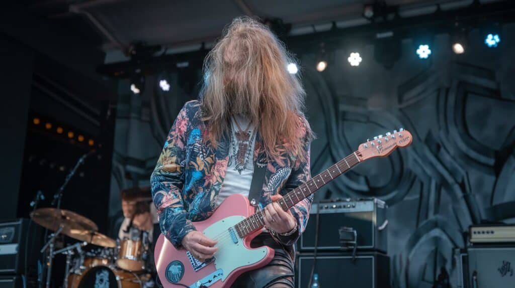 hairy guitarist playing on pink electric guitar