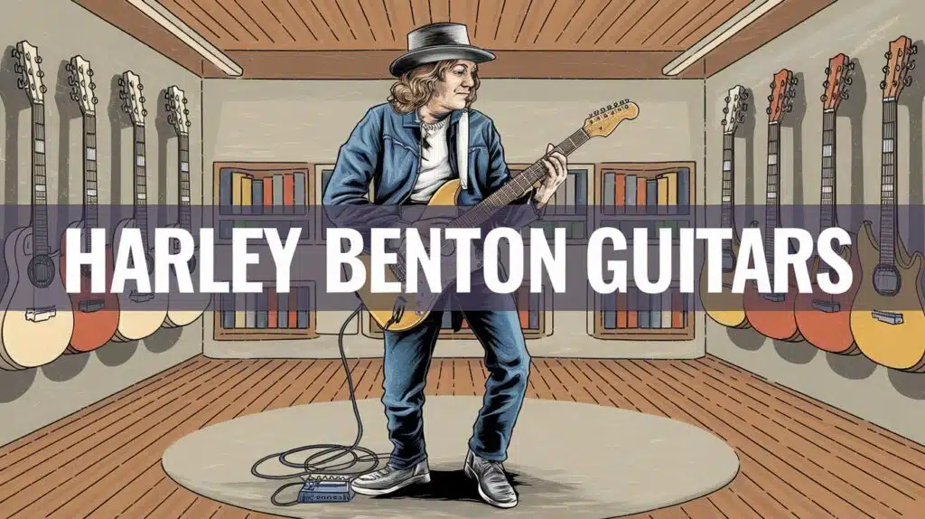 drawing of man and harley benton guitars