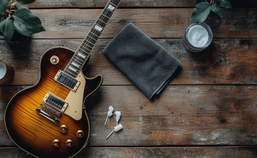 top view of electric guitar, microfiber cloth, detergent and q tips