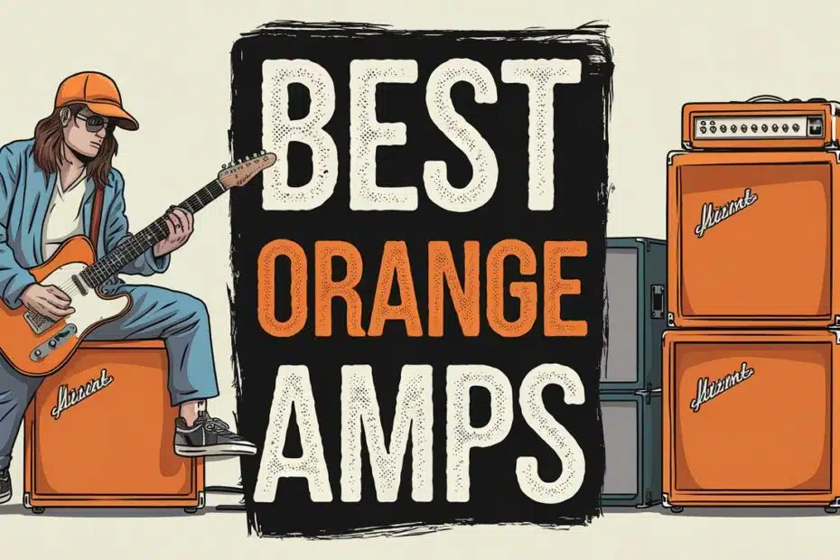 illustration of guitarist playing on guitar with text best orange amps