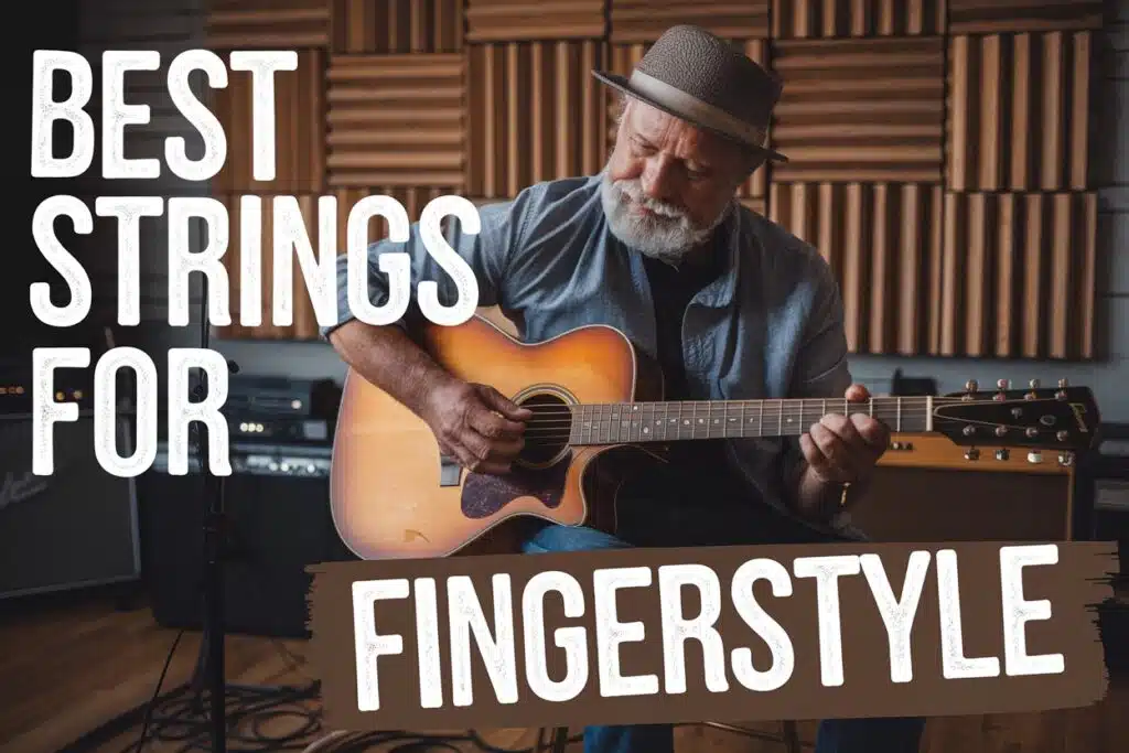 old man playing guitar with text best strings for fingerstyle