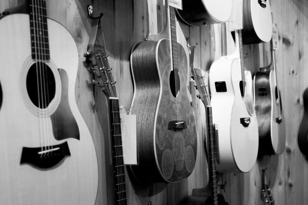 acoustic guitars in guitar store